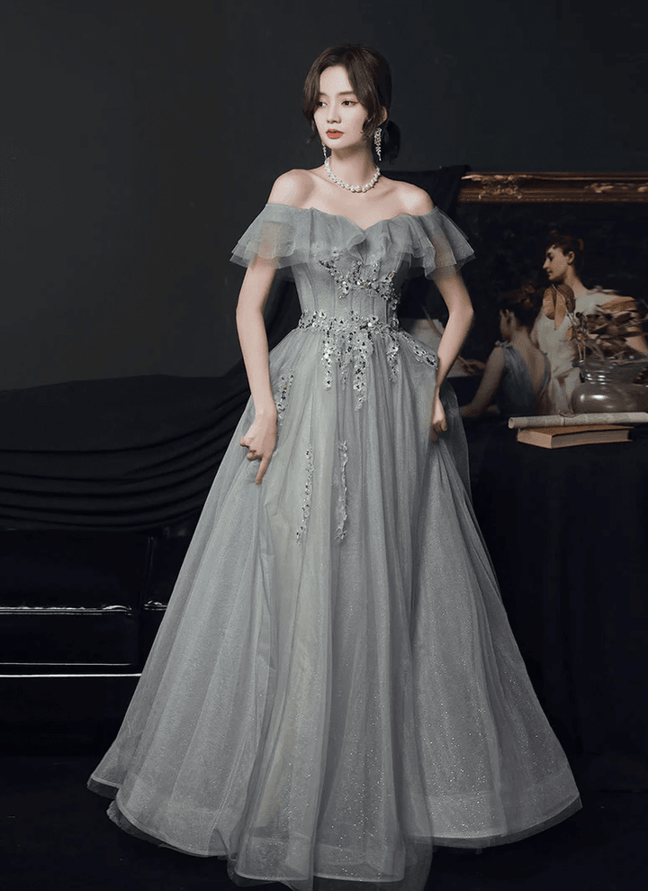 Light Grey Tulle A-line Sweetheart Prom Dress, Grey Off Shoulder Party Dresses