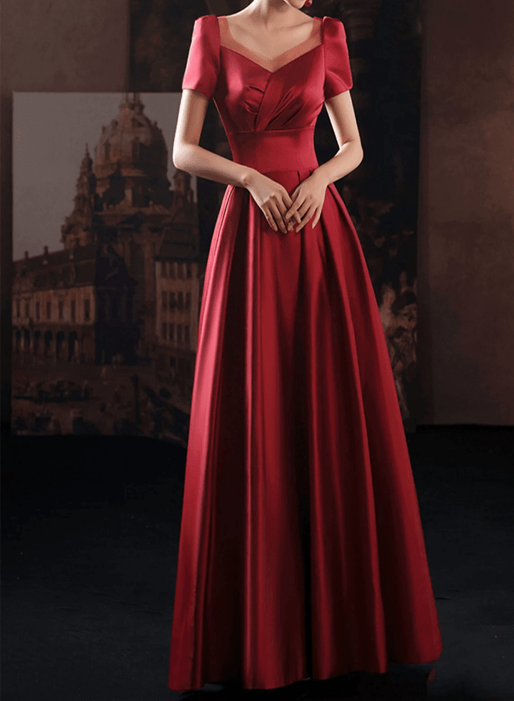 Wine Red Satin Low Back Lace-up Short Sleeves Party Dress, Dark Red Formal Dresses