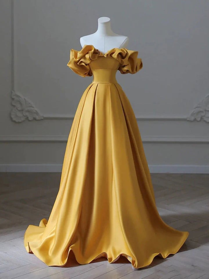 Gold Satin Long Party Dress, A-line Gold Satin Formal Dress Prom Dress