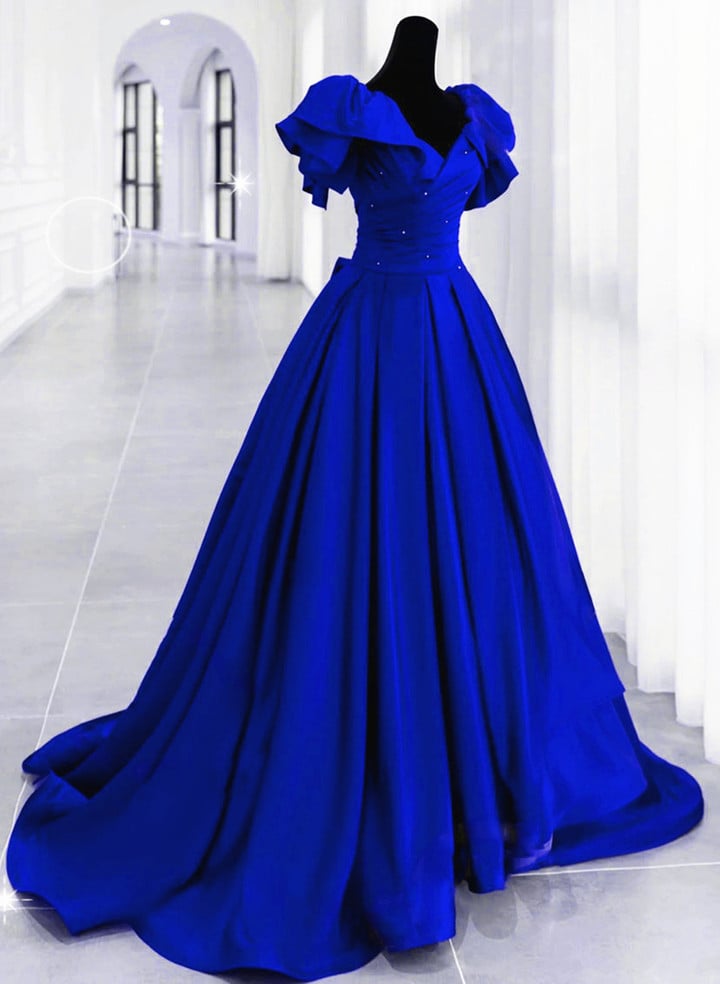 Royal Blue Satin Long Party Dress Formal Dress, Blue Glam Prom Dress