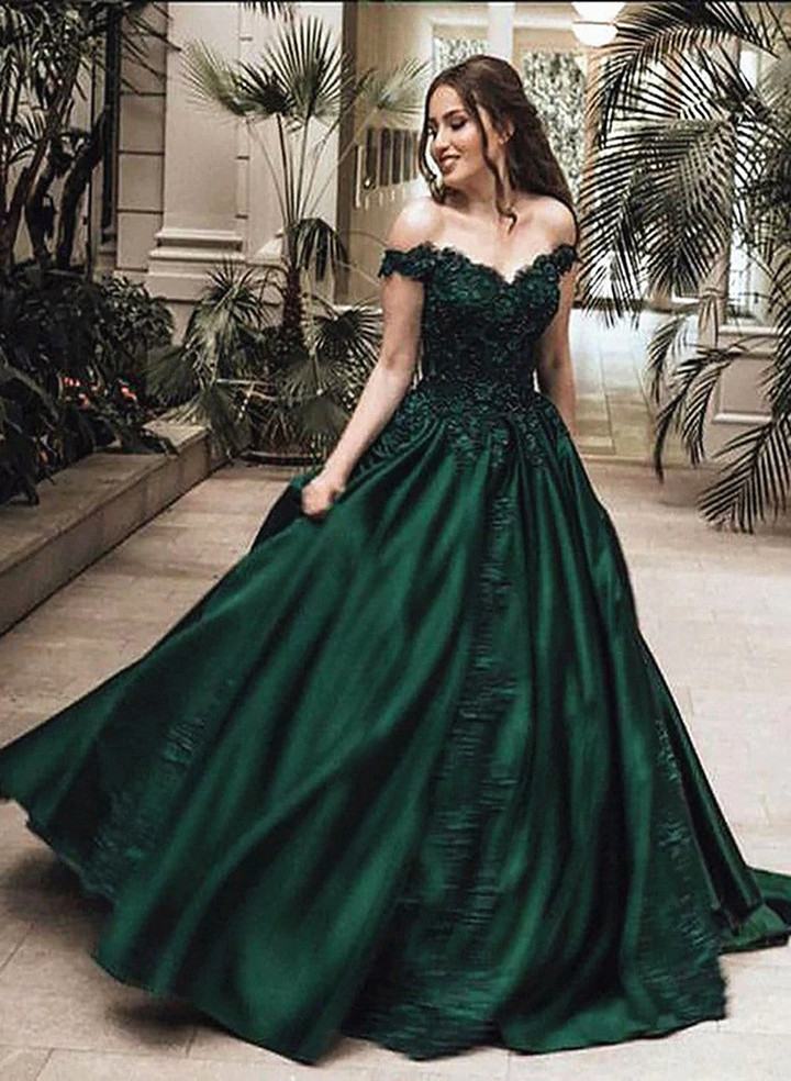 Dark Green Satin with Lace Applique Long Formal Dress, Green Sweetheart Prom Dress