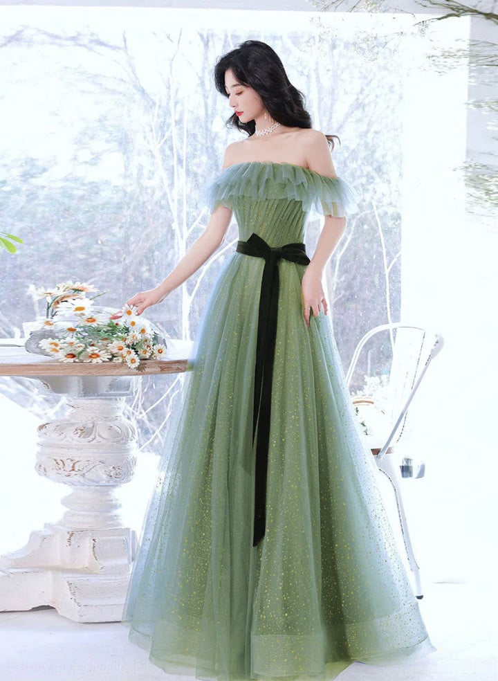 Light Green Tulle Off Shoulder Shiny Tulle Party Dress, Green Long Prom Dress