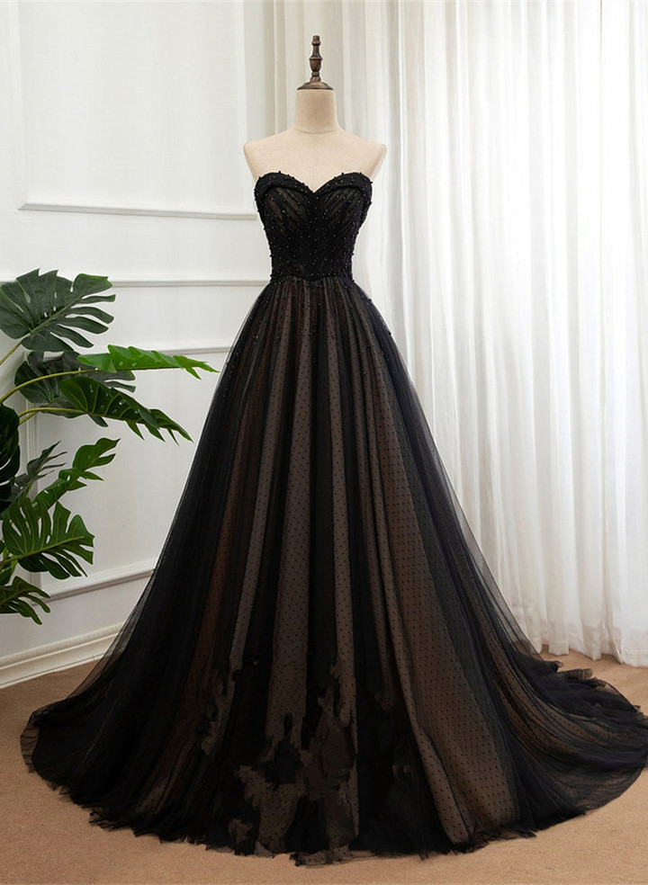 Black Sweetheart Beaded Tulle Prom Dress, A-line Evening Dress Party Dress