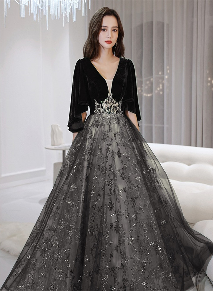 Cute Black Tulle Long Formal Dress, Black A-line Prom Dress