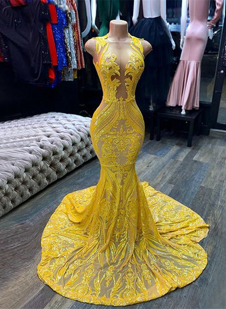 Beautiful Yellow Mermaid Long Party Dress with Lace, Sexy Prom Dress