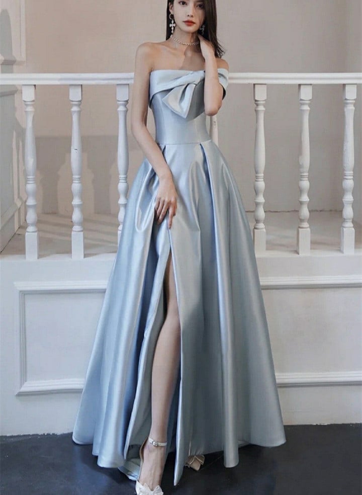 Blue Satin Long Prom Dress with Bow, A-line Blue Satin Party Dress