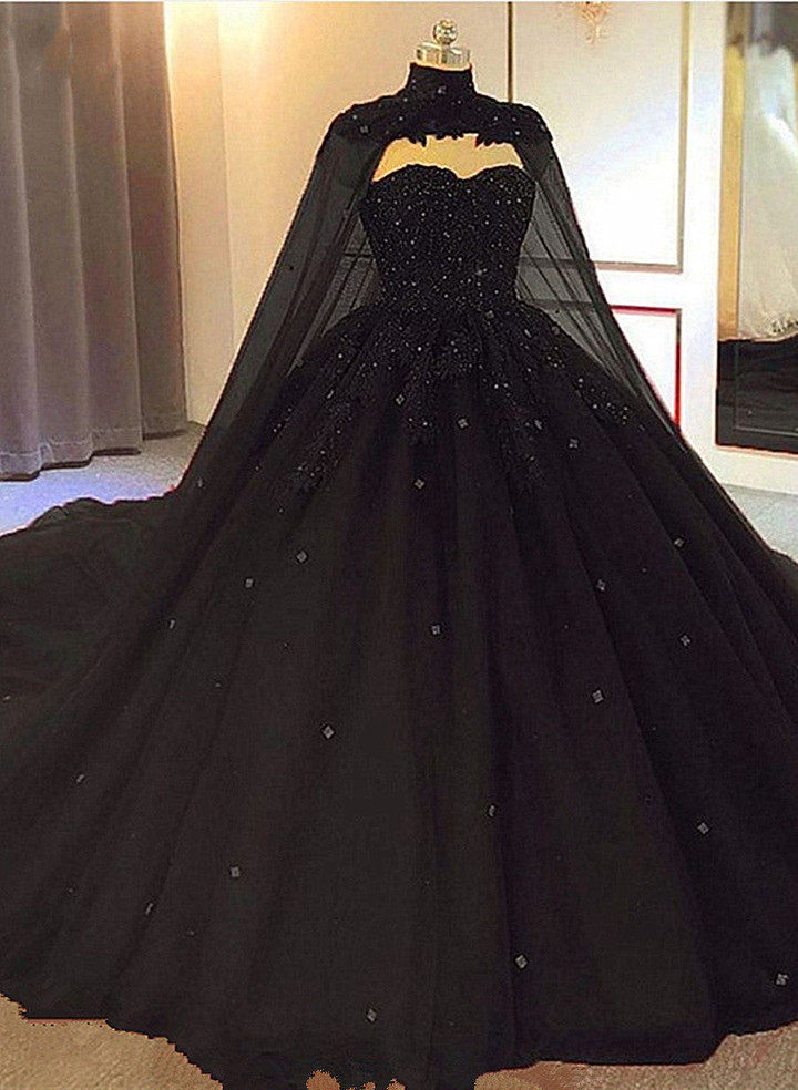 Black Tulle Ball Gwon Wedding Party Dress with Cap, Black Lace Formal Gown