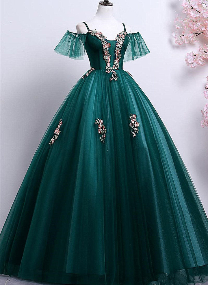 Dark Green Off Shoulder Tulle Party Dress with Lace, Green Formal Dress Prom Dress