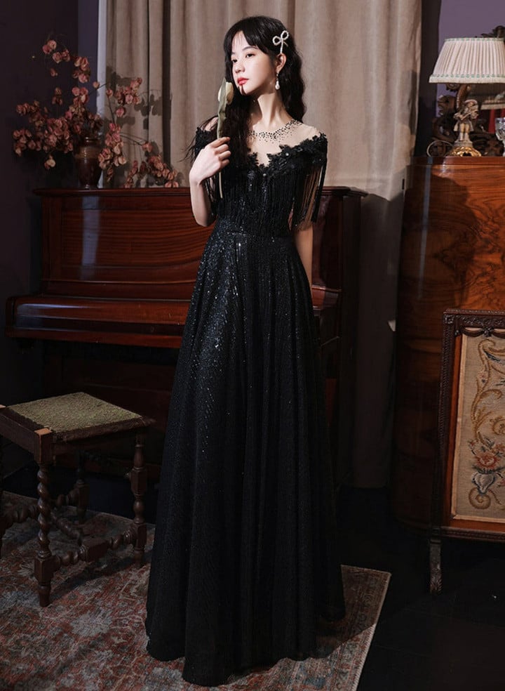 Black Sequins and Lace A-line Prom Dress, Black Formal Dress Party Dress