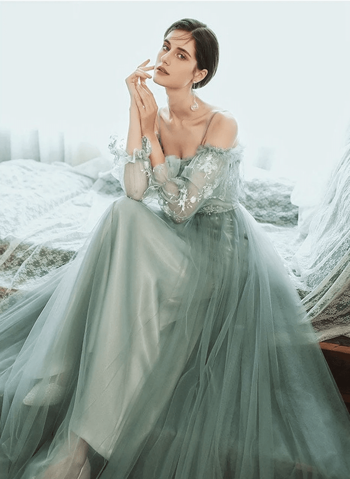 Light Green Tulle Straps with Lace Long Party Dress, Off Shoulder Prom Dress
