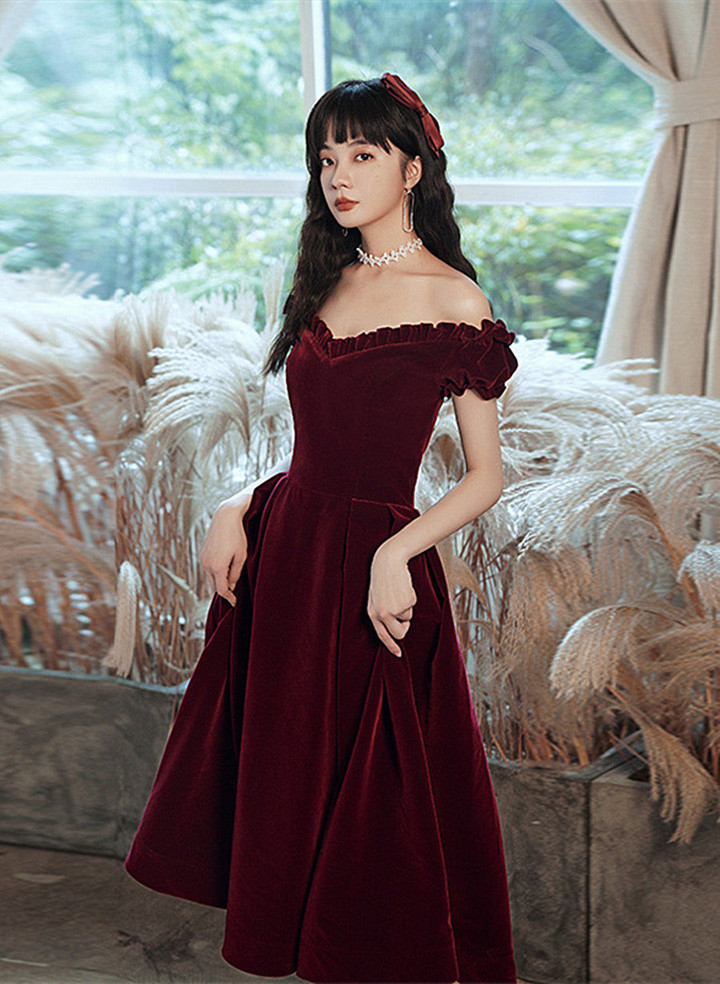 Wine Red Off Shoulder Velvet Tea Length Party Dress, Velvet Prom Dress Homecoming Dress