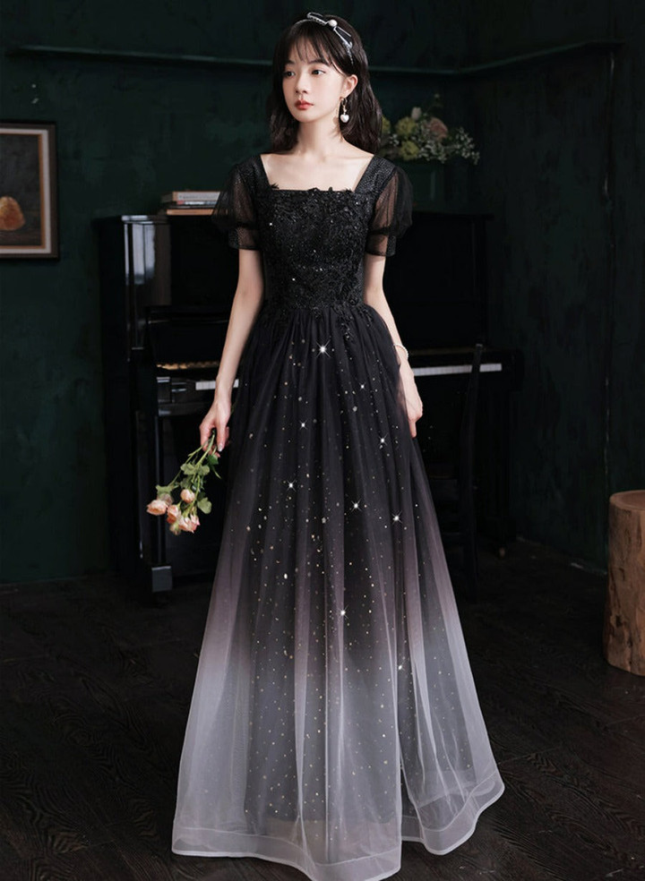 Black Short Sleeves Gradient Tulle with Lace Party Dress, Black A-line Prom Dress