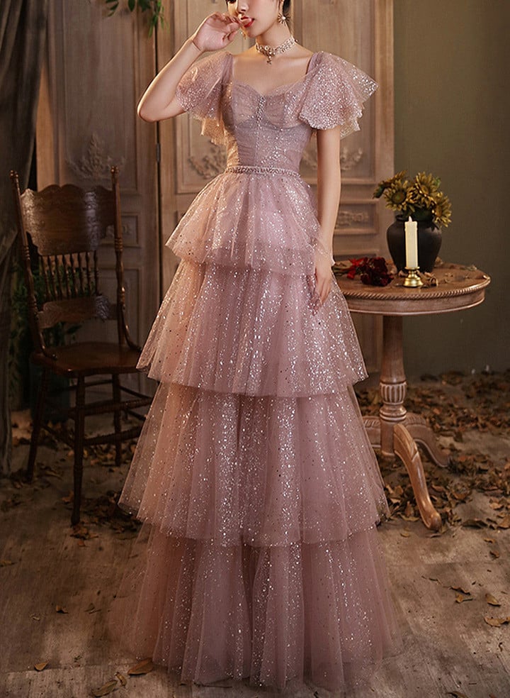 Dark Pink Shiny Tulle Short Sleeves Party Dress, Beaded Pink Tulle Prom Dress