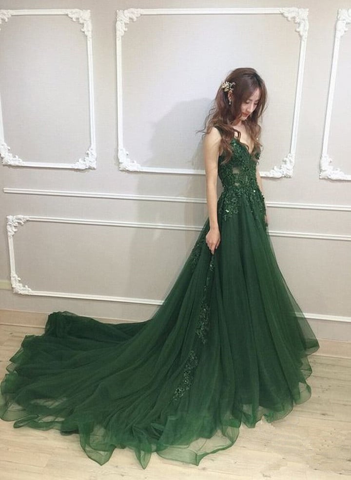 Dark Green Low Back Beaded Lace V-neckline Party Dress, A-line Prom Dress