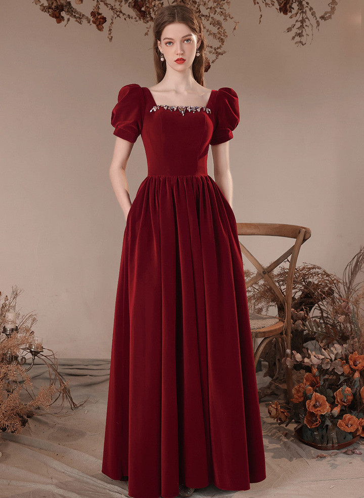 Wine Red Short Sleeves A-line Velvet Party Dress, Wine Red Bridesmaid Dress