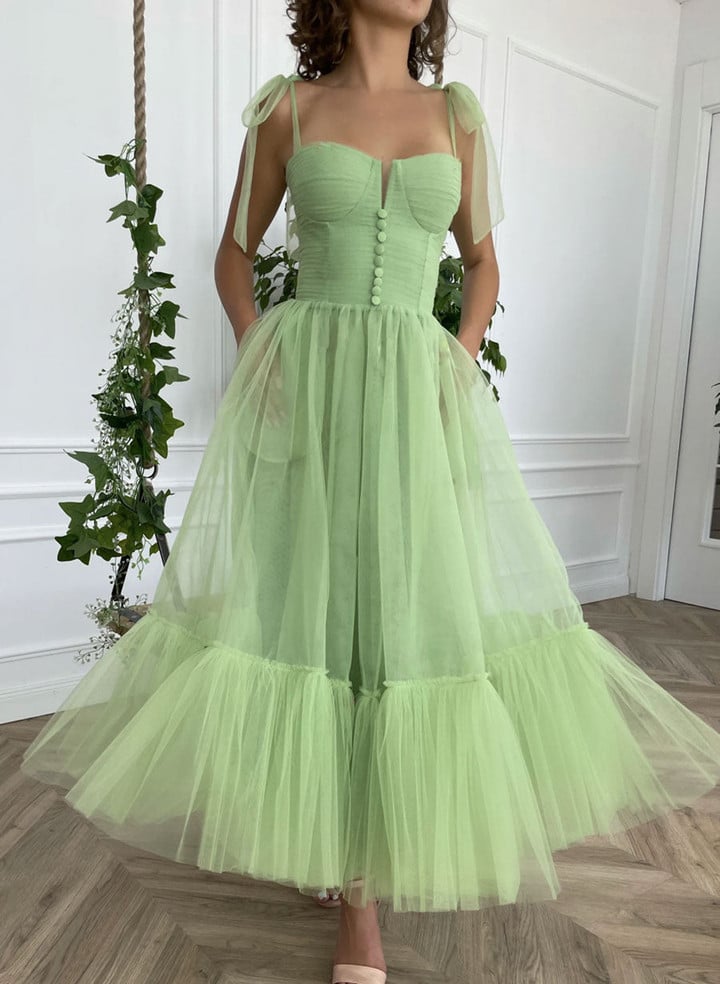 Light Green Straps Long Tulle Prom Dress, A-line Green Party Dress