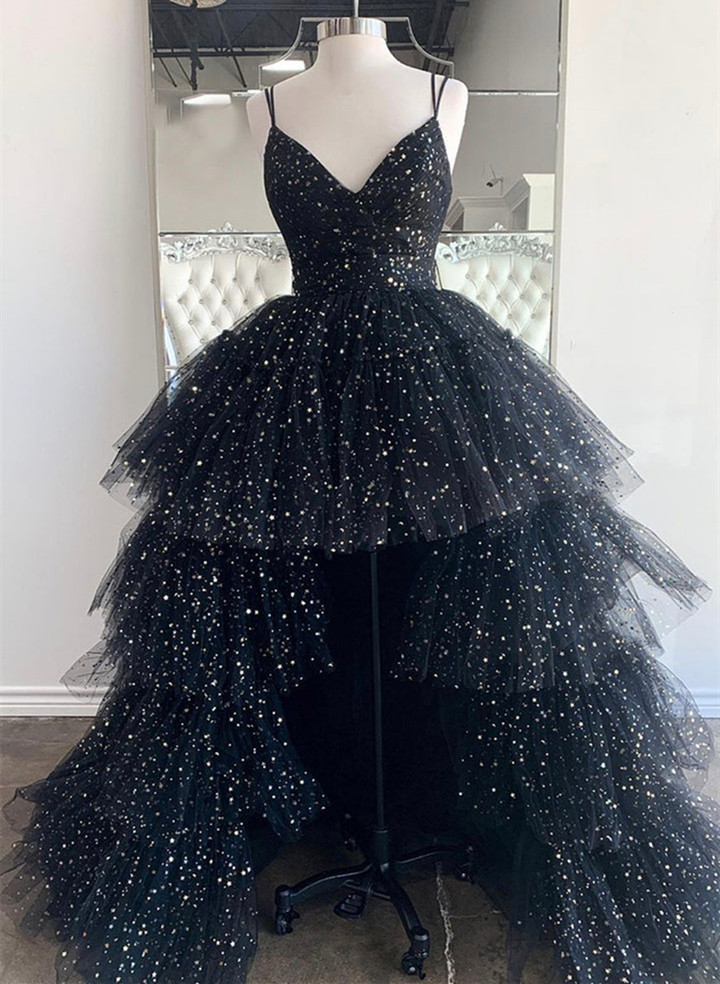 Black V-neckline Layers Tulle Long Formal Dress, Black Prom Dress Party Dress