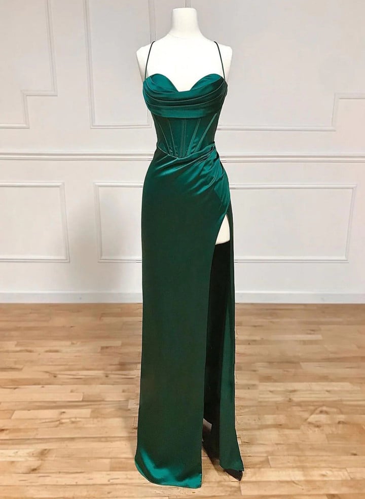Green Satin Straps Long Prom Dress with Leg Slit, Green Prom Dress