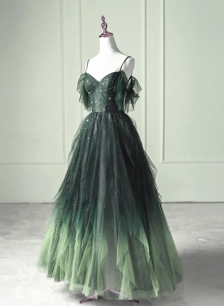 Dark Green Beaded Straps Tulle Layers Long Party Dress, Green Formal Dress