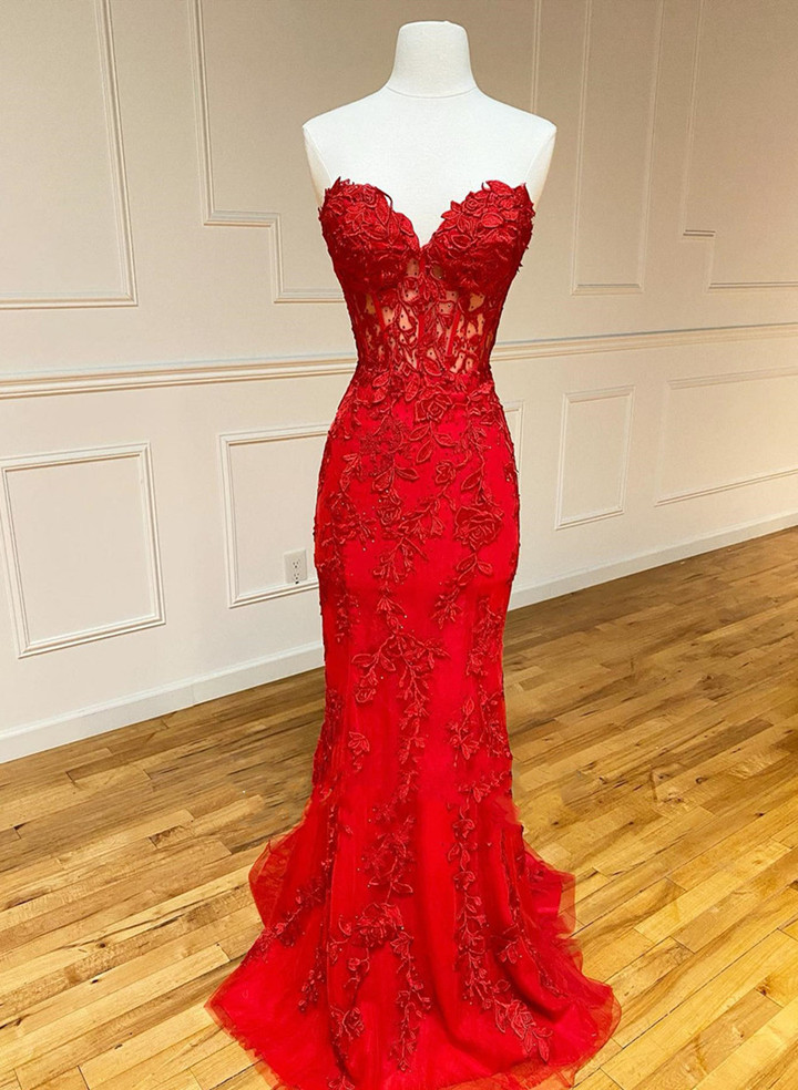 Red Mermaid Sweetheart Lace-up Long Formal Dress, Red Evening Dress
