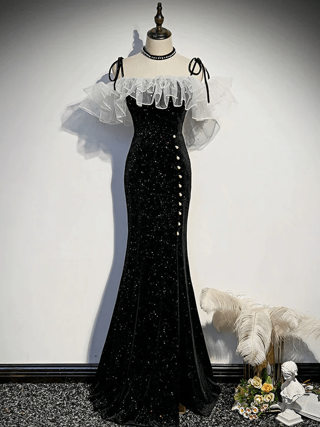 Black Off Shoulder Mermaid Long Party Dress, A-line Black Formal Dress