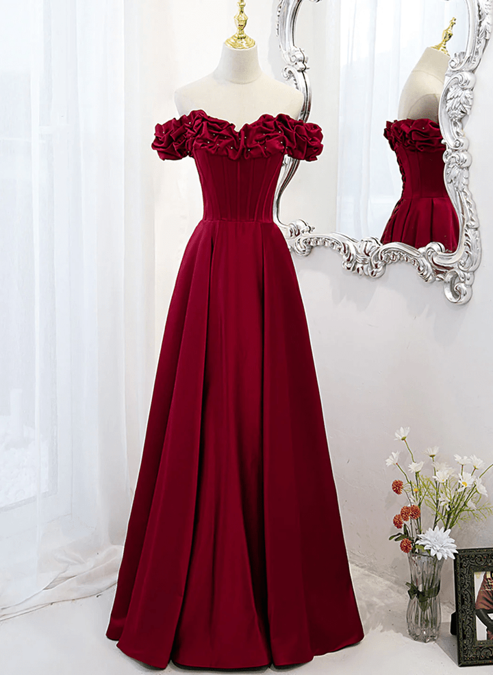 Wine Red Off Shoulder A-line Long Formal Dress, Wine Red Evening Dress