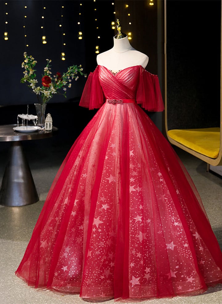 Off Shoulder Tulle Red Sweetheart Party Dress, Red Ball Gown Sweet 16 Dress