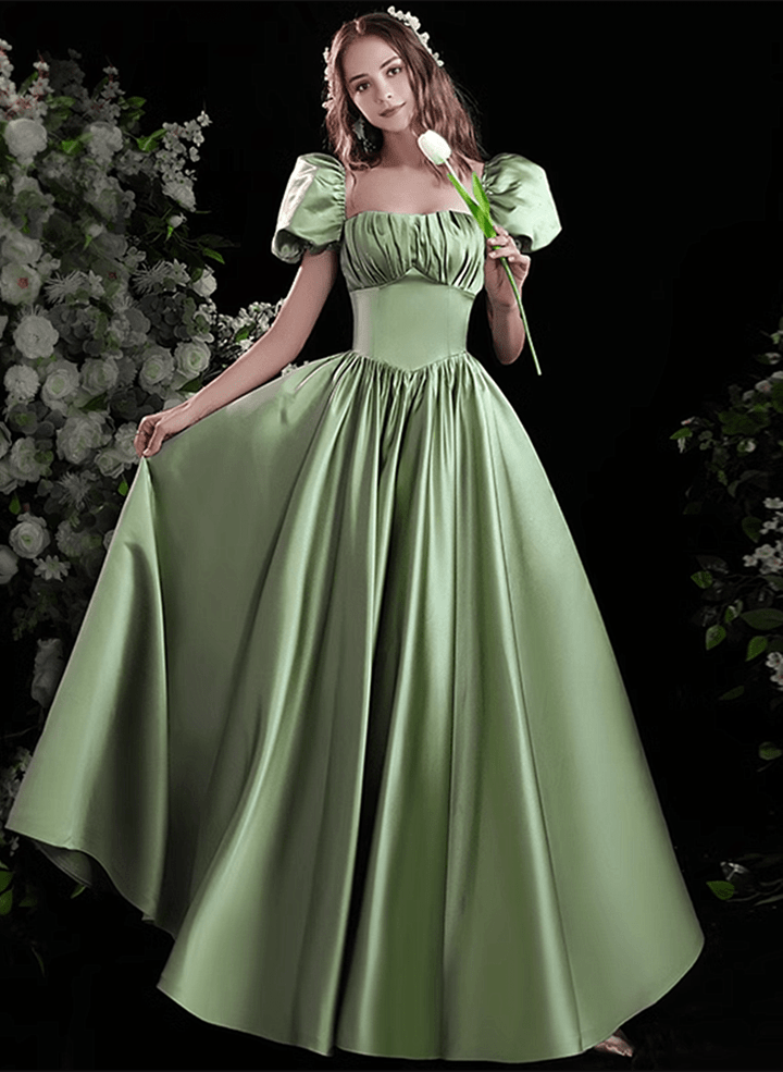 Green A-line Long Formal Dress Prom Dress, Green Short Sleeves Formal Dress