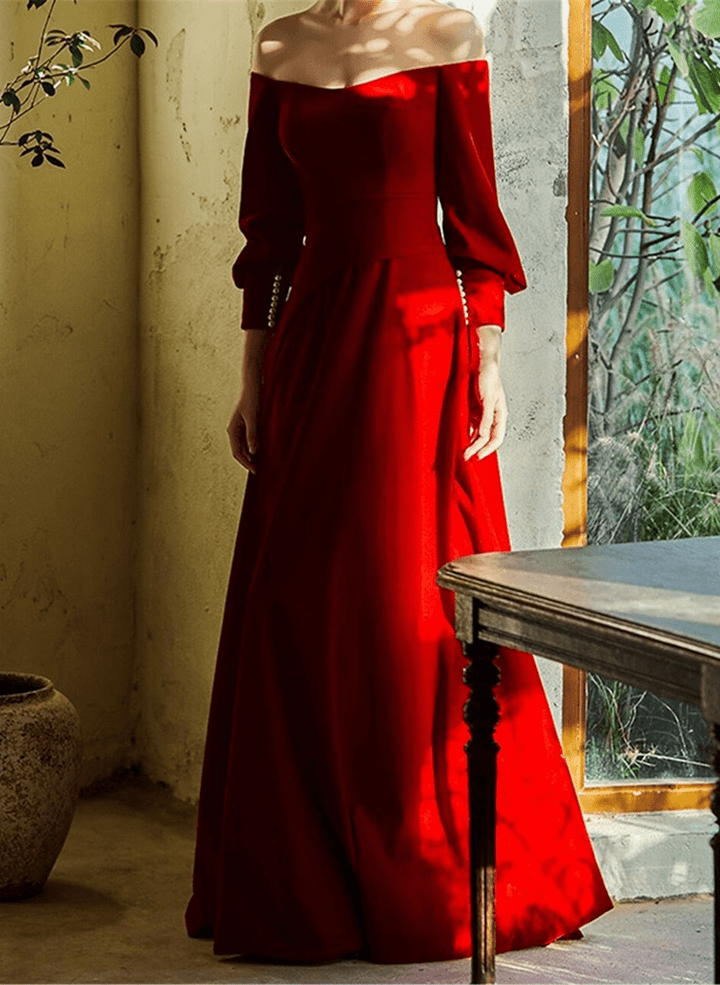 Red Elegant Off Shoulder Long Sleeves Party Dress, Red Long Formal Dress Prom Dress