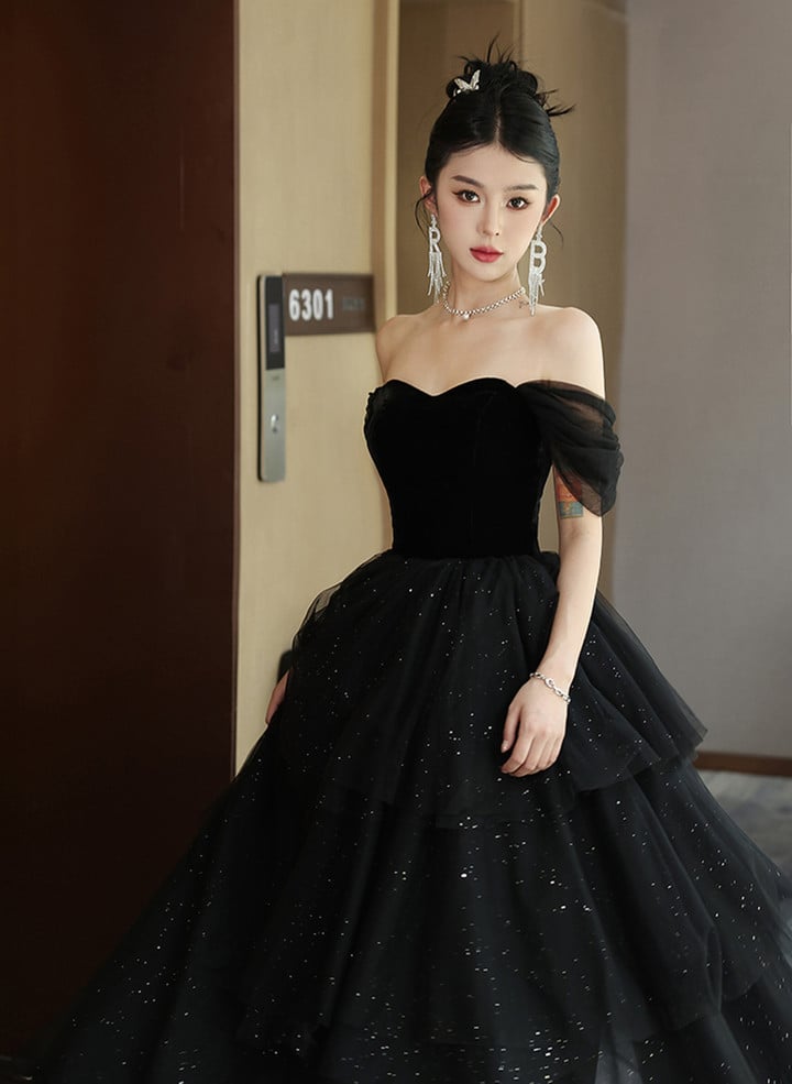 Black Off Shoulder Long Party Dress Formal Dress, Black Sweet 16 Dresses