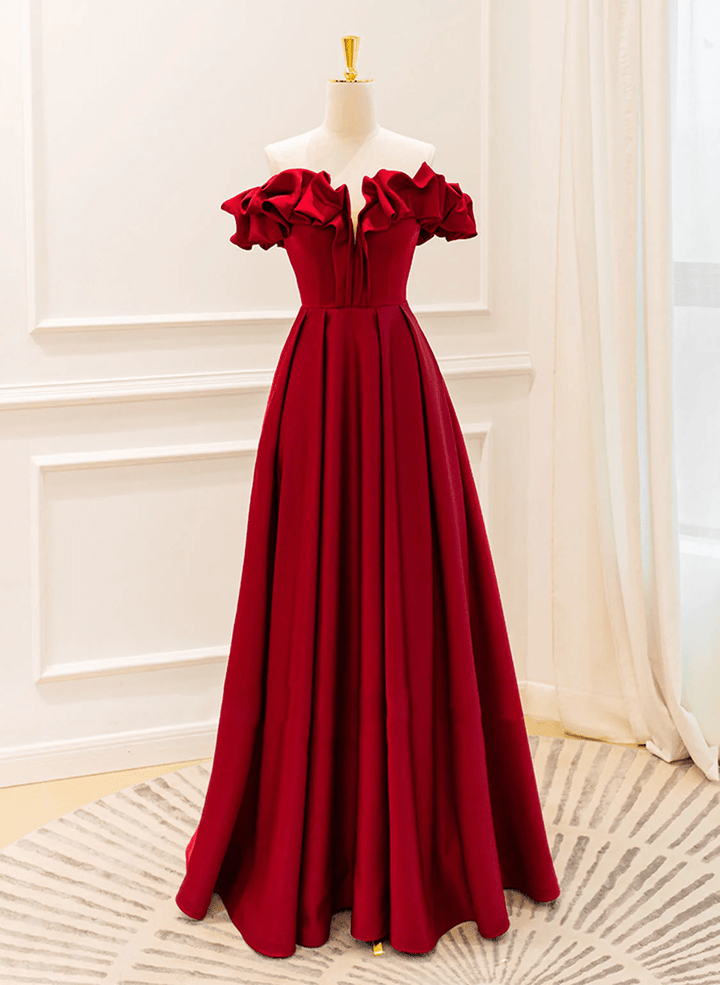 Wine Red Satin Off Shoulder Long Formal Dress, Wine Red Prom Dress Evening Dress