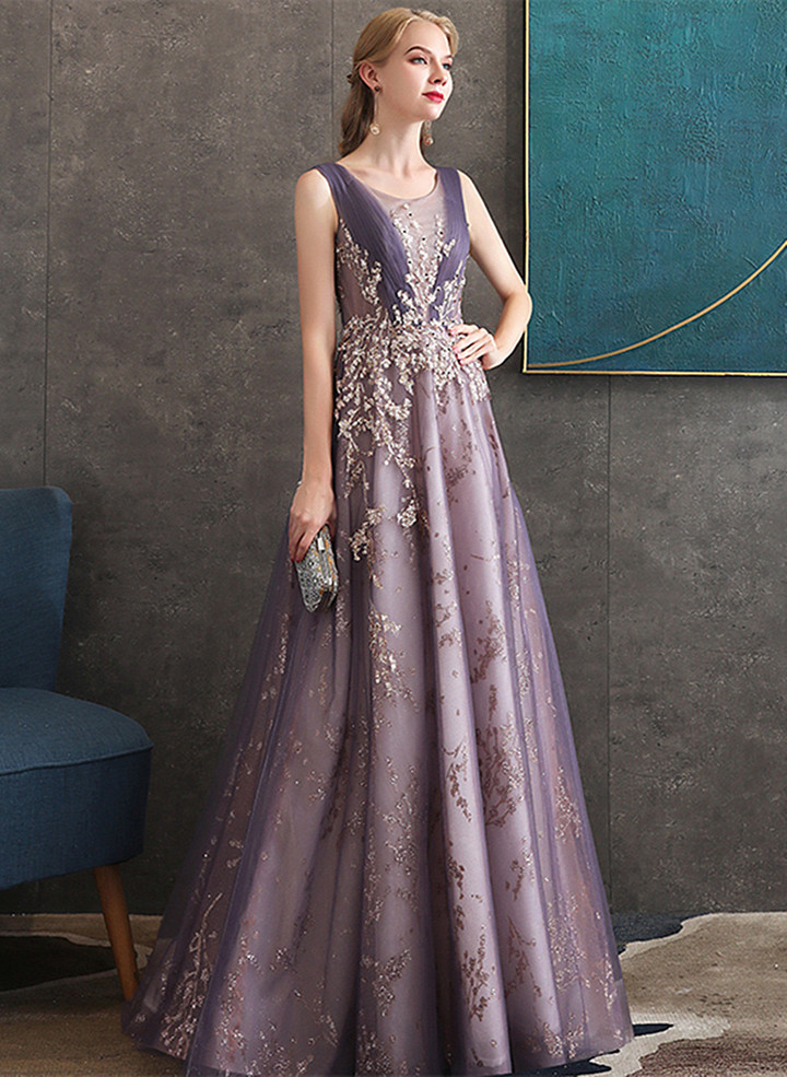 Purple Tulle with Lace Applique Long Formal Dress, Purple Bridesmaid Dress
