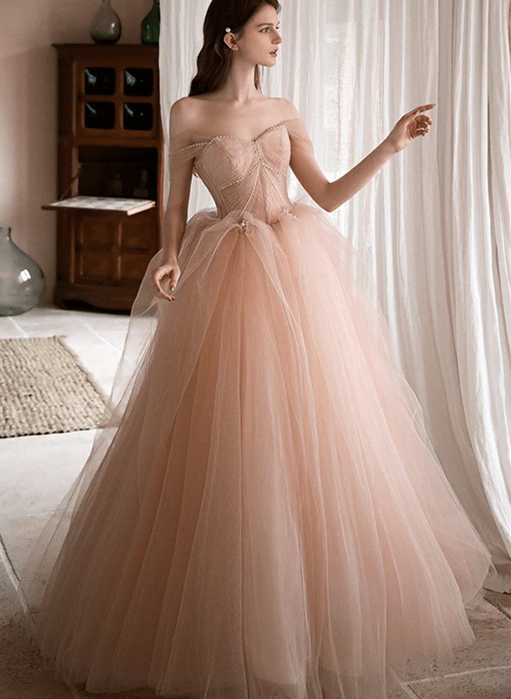 Pink Off Shoulder Tulle and Lace Long Formal Dress, Pink Prom Dress