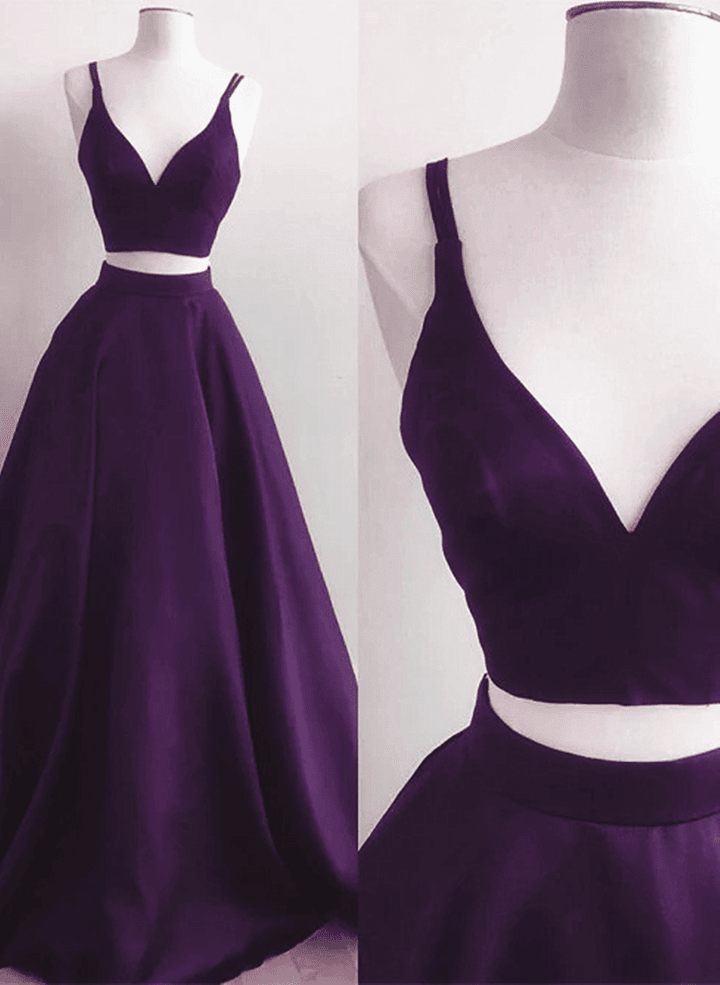 Purple Satin Two Piece Long Formal Dress, A-line Purple Evening Dress Prom Dress