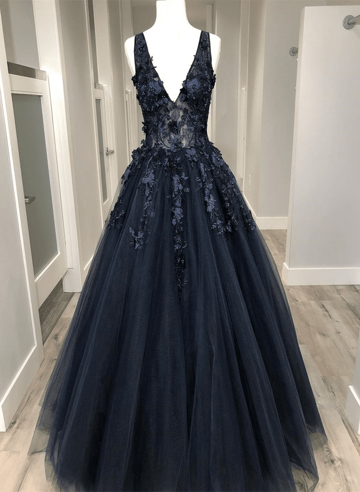 Navy Blue Tulle with Flower Lace Long Formal Dress, A-line Tulle Prom Dress
