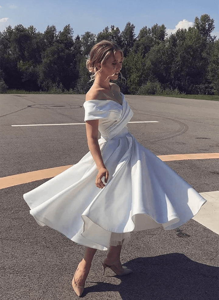 White Off The Shoulder Ankle Length Satin Prom Dress, A Line Homecoming Dress