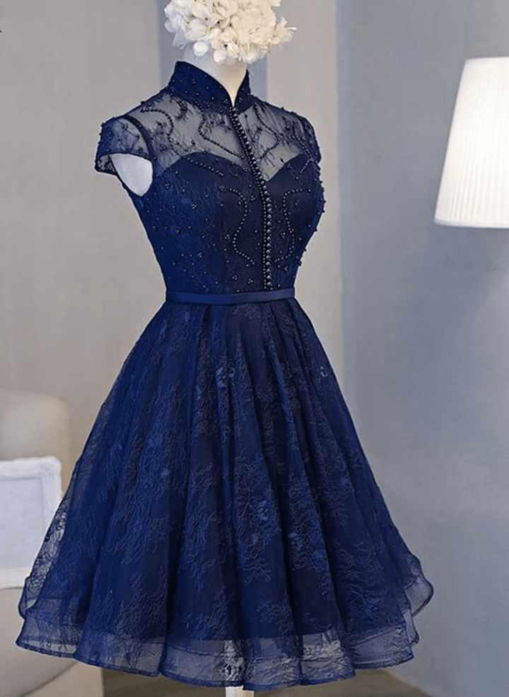 Navy Blue Lace Short Sleeve Knee-Length Homecoming Dress, Navy Blue Prom Dress