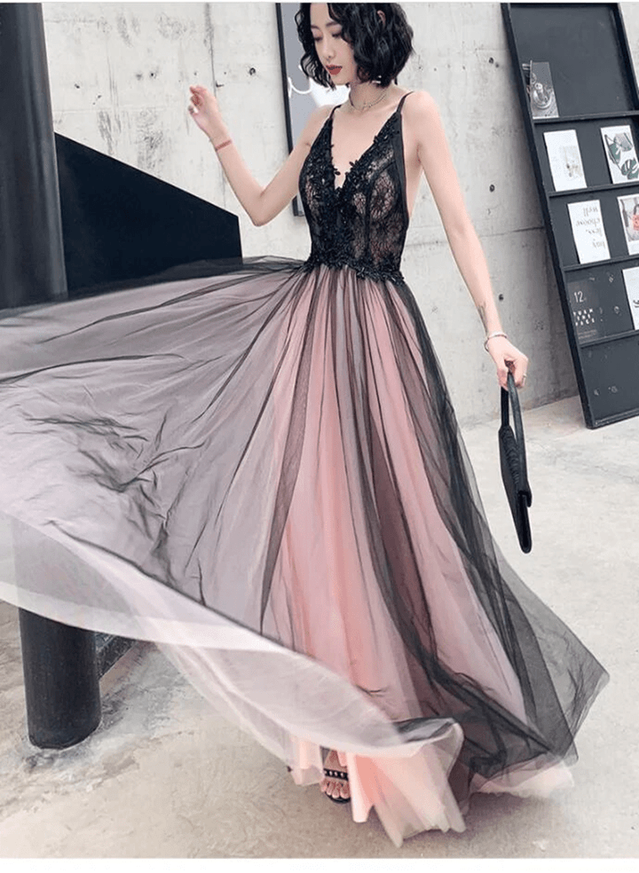 Black and Pink V-neckline Straps Lace Long Party Dress, A-line Formal Dress