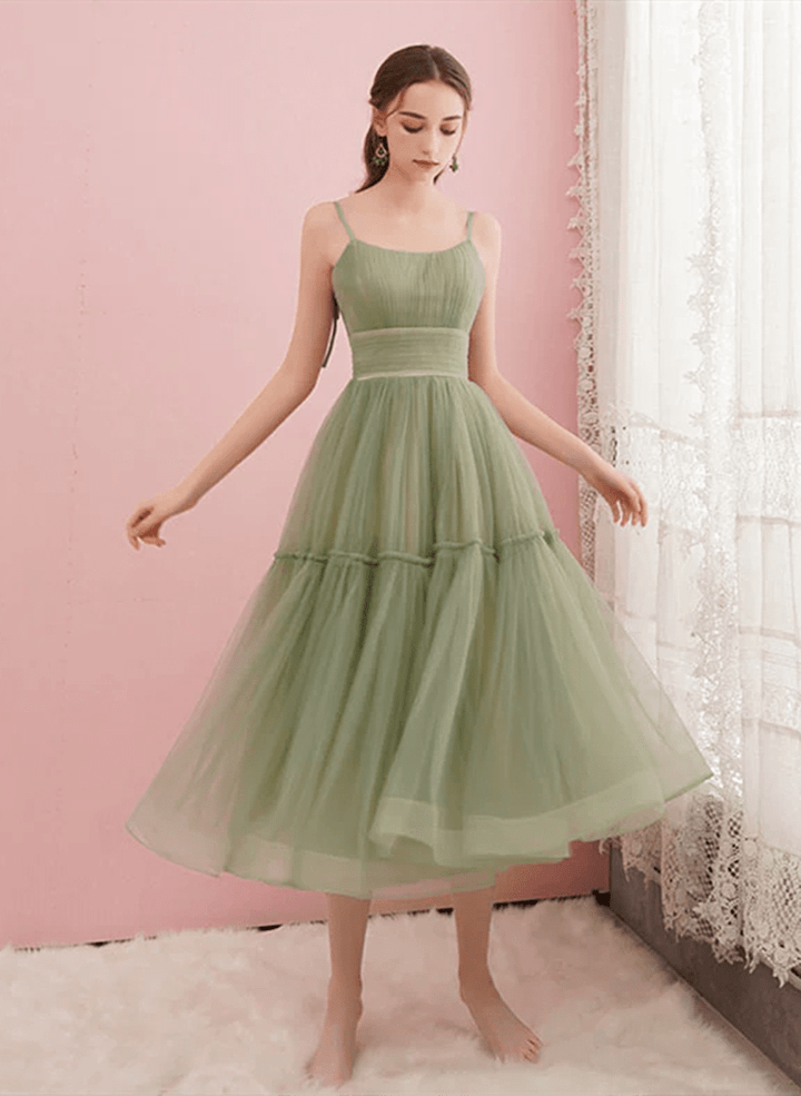 Lovely Tulle Tea Length Straps Party Dress, Cute Tulle Homecoming Dress