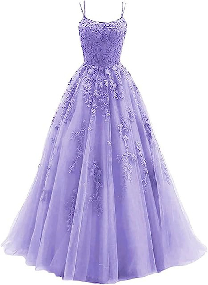 Lavender Tulle with Lace Applique Long Formal Dress, Lavender Prom Dress