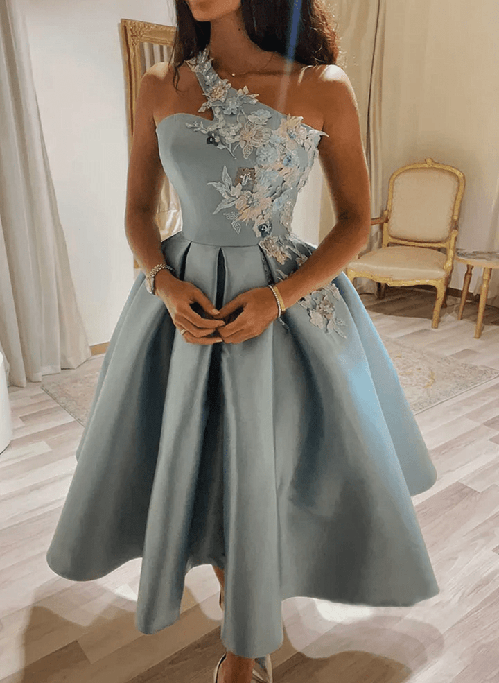 Cute One Shoulder Satin Lace Short Prom Dress, Blue Homecomiing Dress