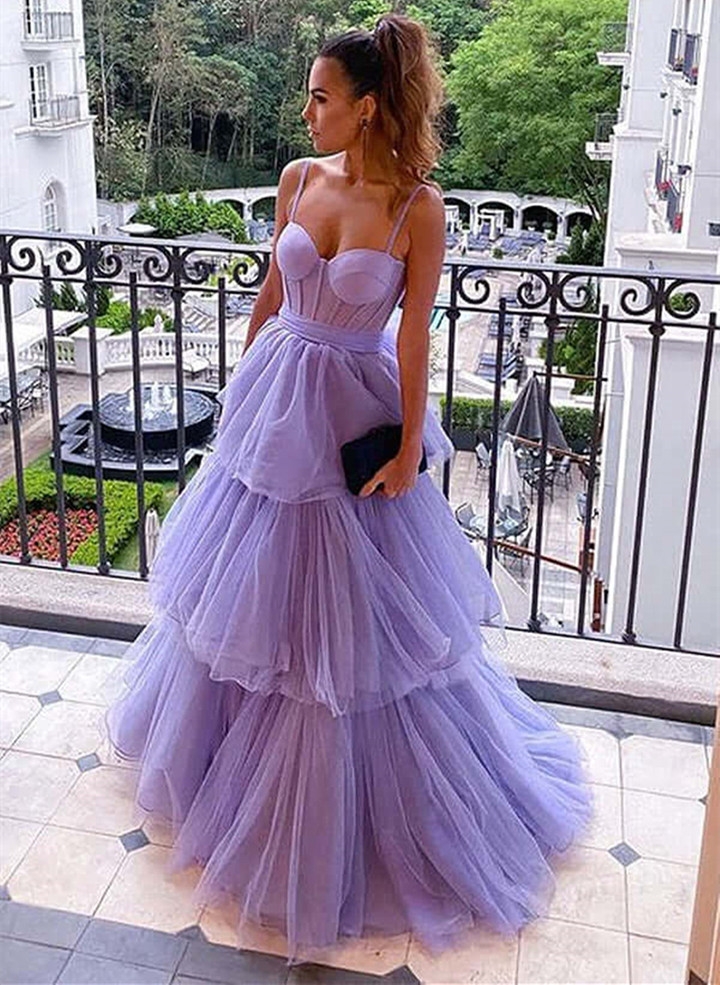 PurpleTulle Ruffle Tiered Prom Dress, Purple Spaghetti Straps Long Formal Dress