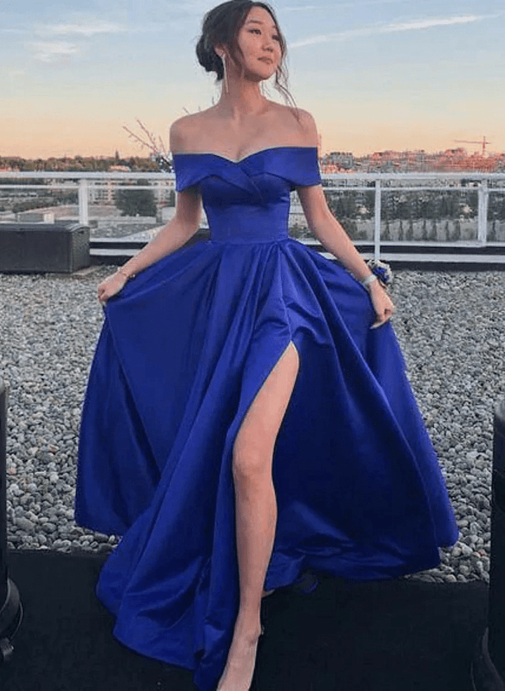 Off the Shoulder Blue Satin Long Prom Dresse, Off Shoulder Blue Evening Dress