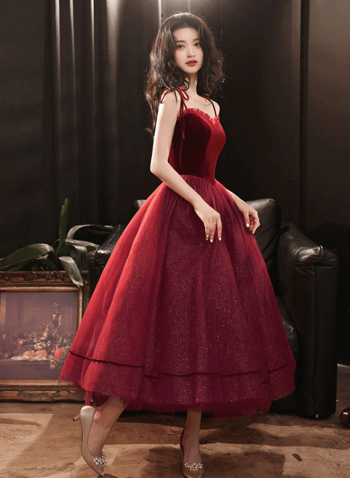 Wine Red Tea Length Homecoming Dress, Velvet Tea Length Prom Dress Formal Dress