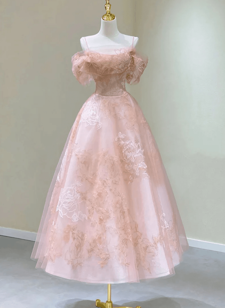 Cute Pink Tulle Lace Short A-Line Prom Dress, Cute Off the Shoulder Homecoming Dress