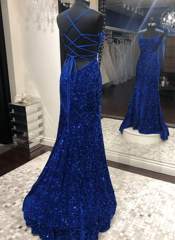 Blue Mermaid Sequins Long Prom Dress, Blue Backless Evening Dress Party Dress