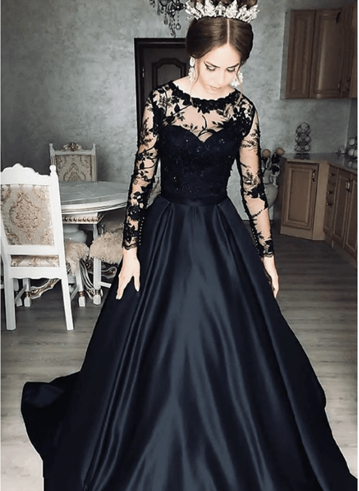 Black Long Sleeves Satin with Lace Applique Party Dress, Black Evening Dress