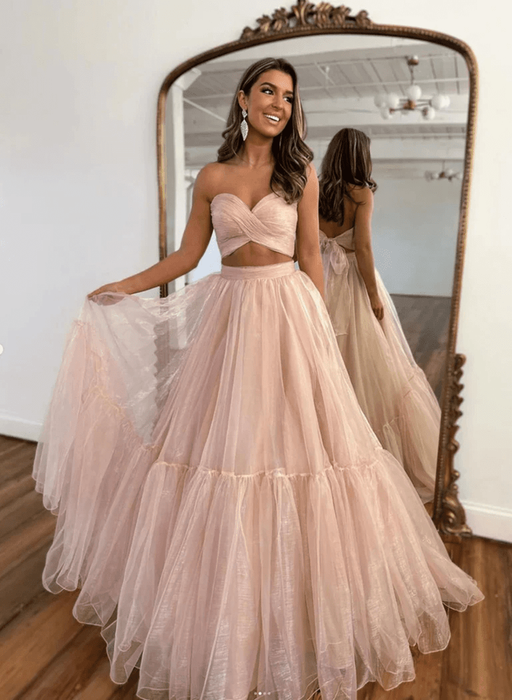 Two Pieces Pink Tulle Long Prom Dress, Strapless Pink Floor Length Party Dress