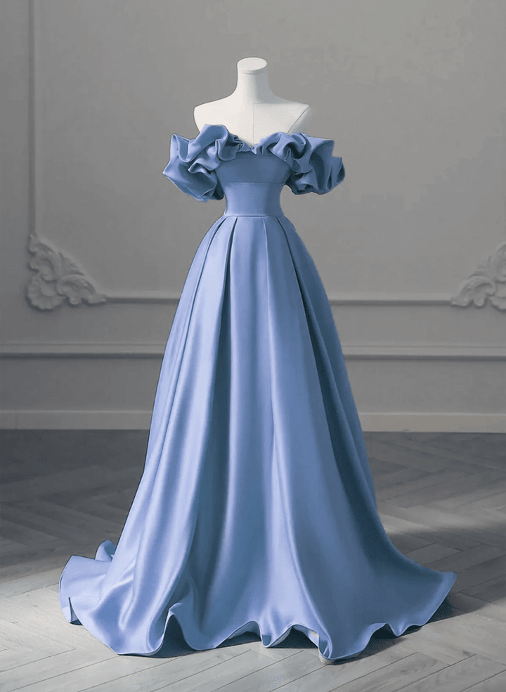 Unique Blue Satin Long Off Shoulder Party Dress, Simple Blue Floor Length Prom Dress