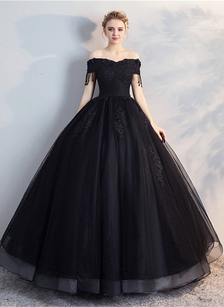 Black Sweetheart with Lace Applique Long Formal Dress, Black Tulle Evening Dress